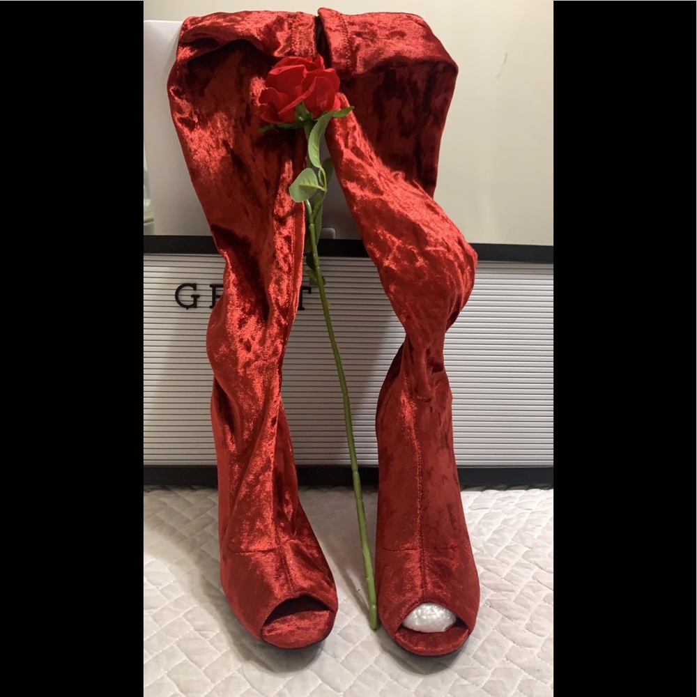 Velvet peep toe over the knee burgundy long boots - Picture 8 of 8
